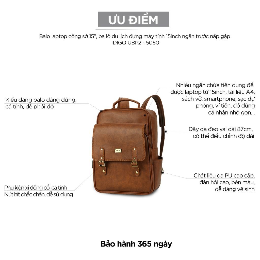 Balo Laptop Da Cao Cấp IDIGO UBP2 - 5050, Balo Công Sở Nam Nữ Nắp Gập Thời Trang Đựng Laptop 15 Inch
