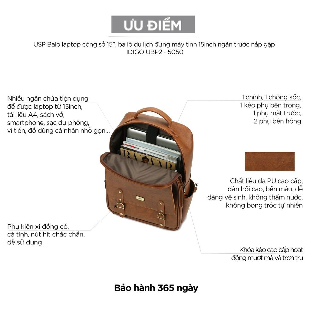 Balo Laptop Da Cao Cấp IDIGO UBP2 - 5050, Balo Công Sở Nam Nữ Nắp Gập Thời Trang Đựng Laptop 15 Inch