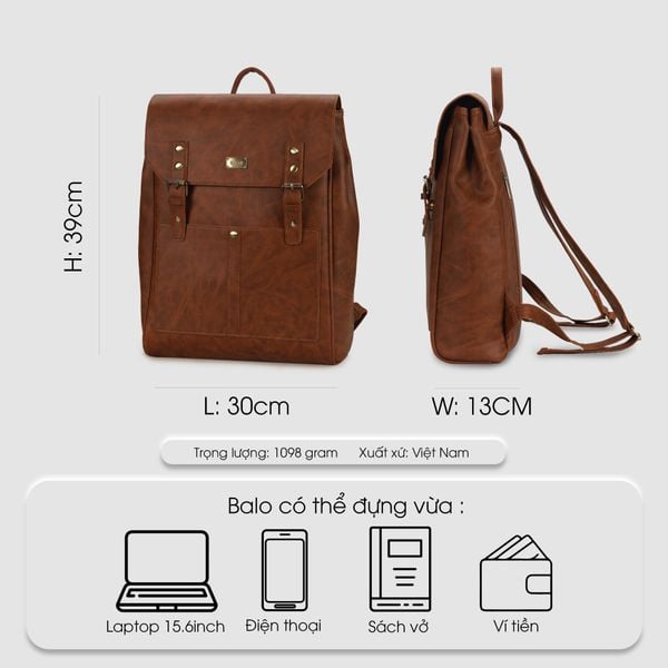 Balo laptop nam nữ, balo da công sở đựng máy tính 15.6 inch nắp gập IDIGO UBP2 - 6031