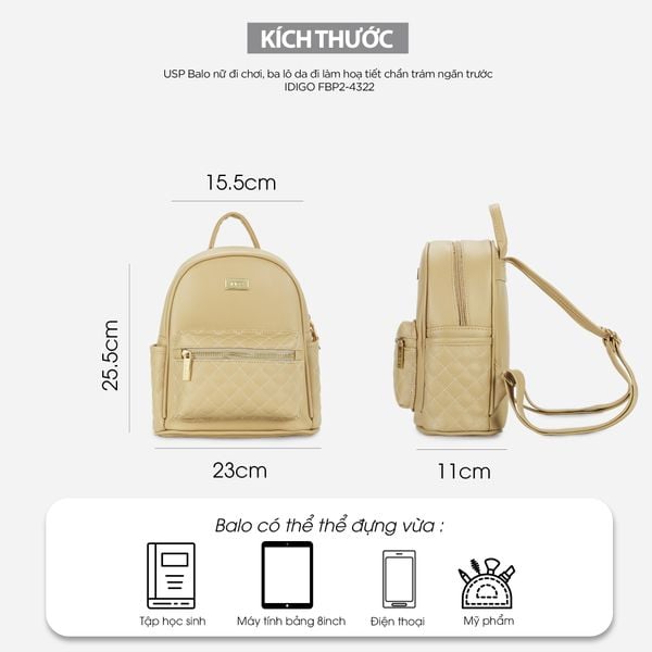 Balo nữ đi chơi, ba lô da công sở hoạ tiết chần trám ngăn trước IDIGO FBP2-4322