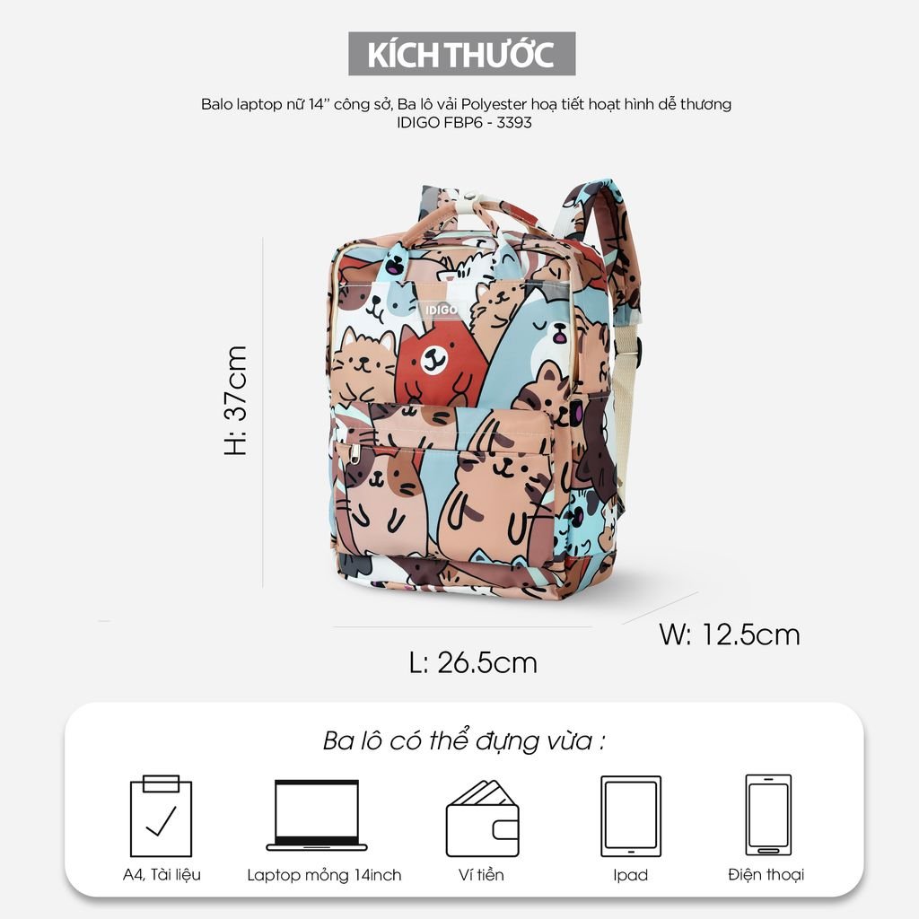 Balo laptop nữ 14 inch công sở, ba lô sinh viên đựng máy tính vải Polyester hoạt hình dễ thương IDIGO FBP6 - 3393