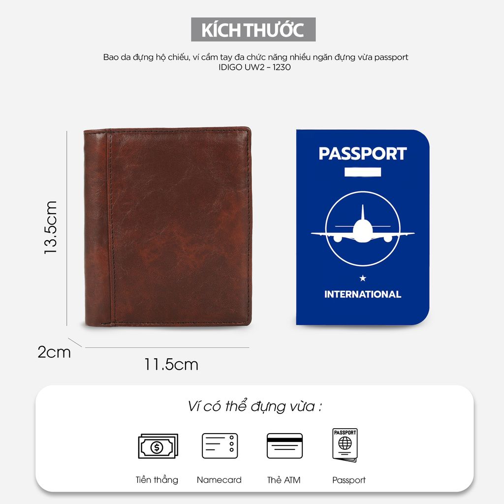 Bao da đựng hộ chiếu, ví cầm tay đa chức năng nhiều ngăn đựng vừa passport IDIGO UW2 - 1230