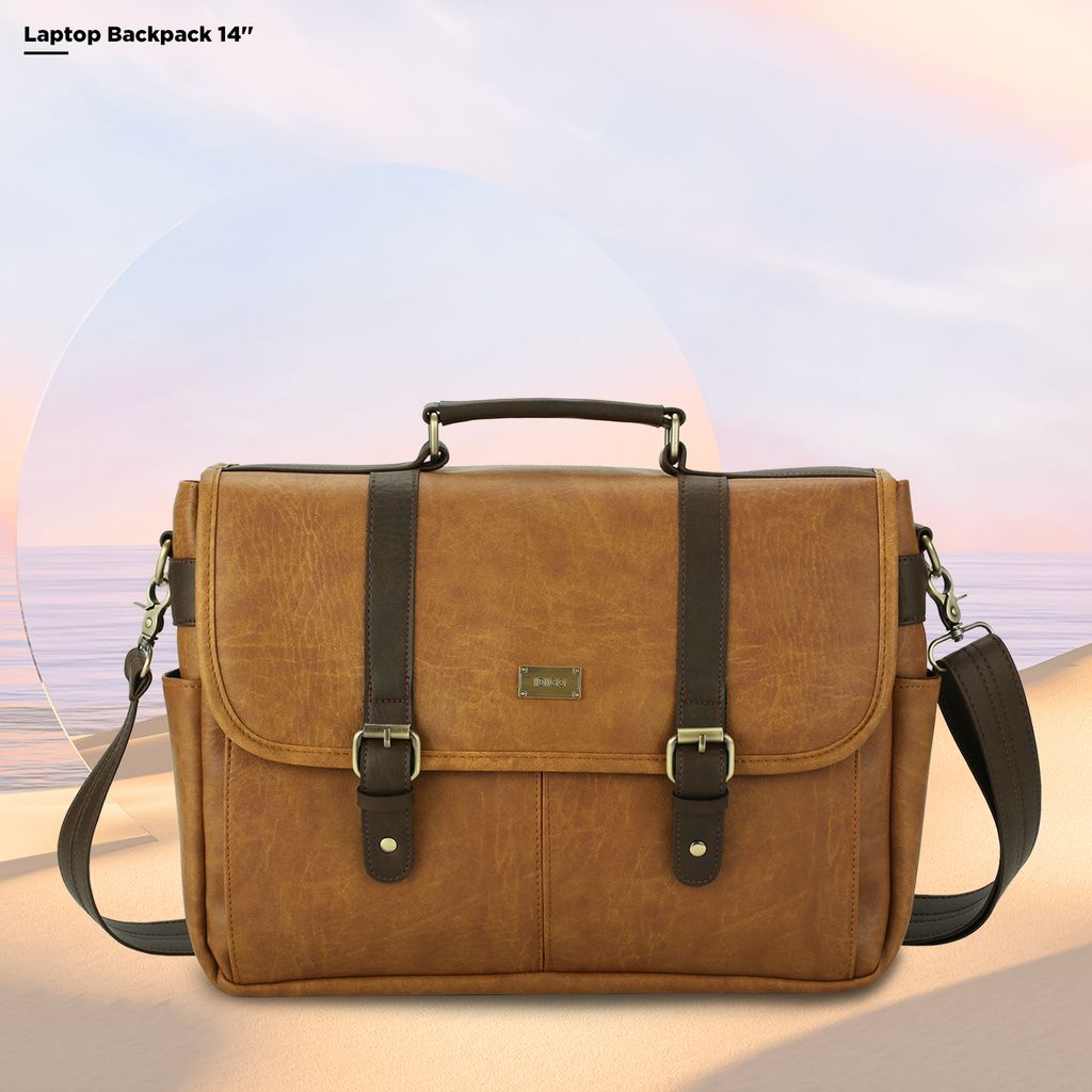 Cặp xách laptop đi học 14inch phong cách retro, Túi đeo chéo công sở nhiều ngăn đựng tài liệu A4 IDIGO UB2 - 6021