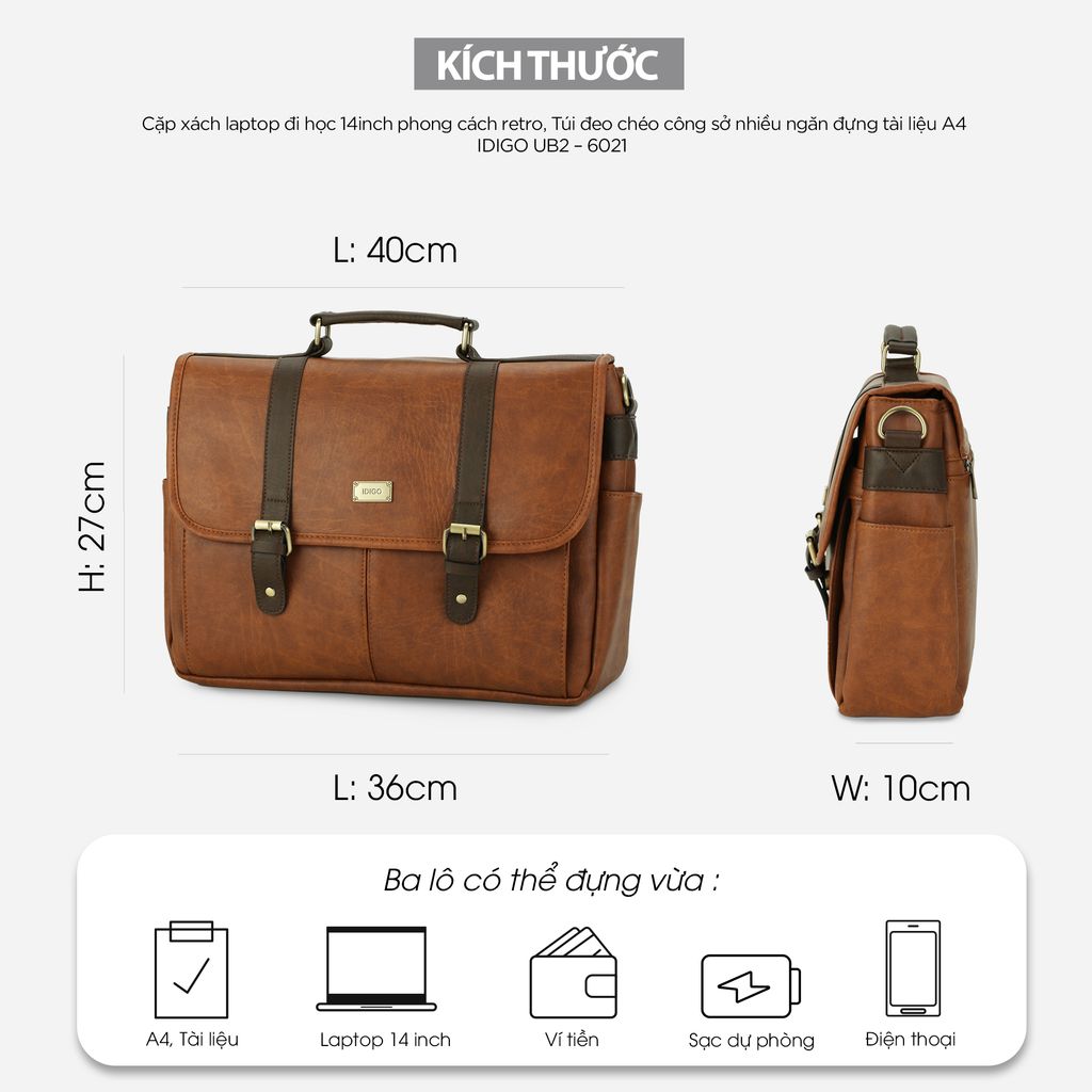 Cặp xách laptop đi học 14inch phong cách retro, Túi đeo chéo công sở nhiều ngăn đựng tài liệu A4 IDIGO UB2 - 6021