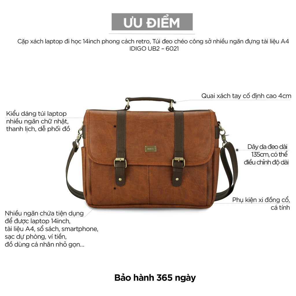 Cặp xách laptop đi học 14inch phong cách retro, Túi đeo chéo công sở nhiều ngăn đựng tài liệu A4 IDIGO UB2 - 6021