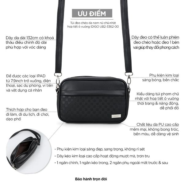 Túi đeo chéo da nam nữ chữ nhật hoạ tiết ô vuông IDIGO UB2-3362-00 hình usp