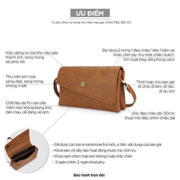 Túi đeo chéo nữ dáng chữ nhật nắp gập IDIGO FB2 - 380 - 00 hình đại diện