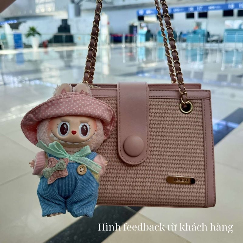 Túi xách nữ đeo vai công sở phom đứng, túi đeo chéo nữ họa tiết đan mây phối dây xích IDIGO FB2 - 5061