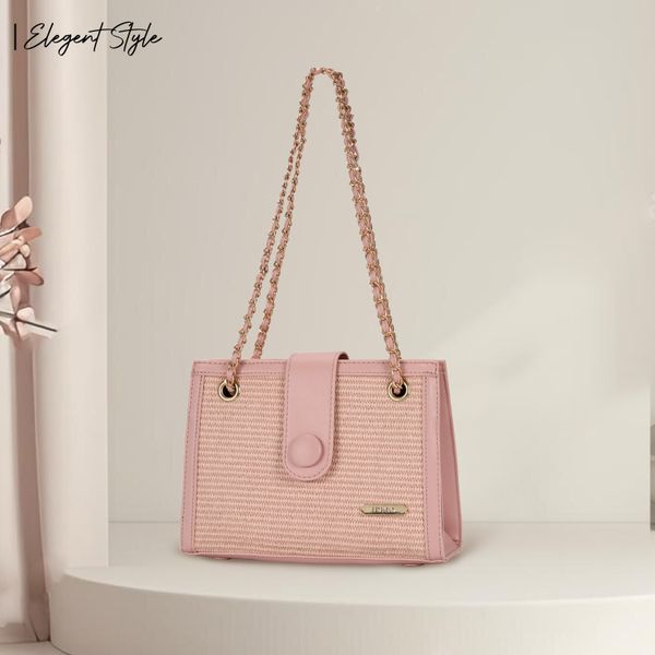 Túi đeo vai công sở, túi đeo chéo nữ phom cứng, họa tiết đan mây phối dây xích IDIGO FB2 - 5061 1