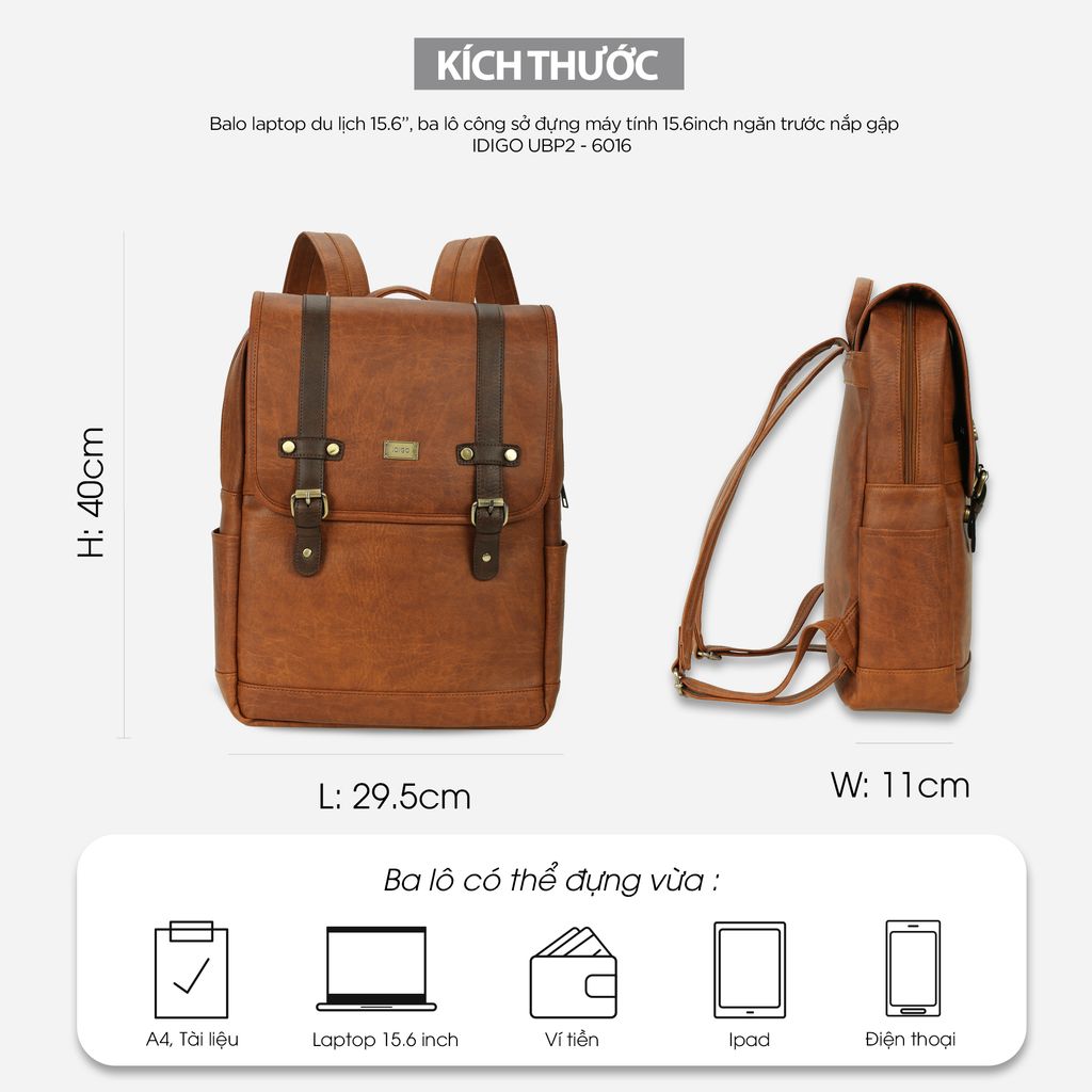 Balo laptop 15.6 inch, ba lô công sở đựng máy tính 15.6 inch nắp gập IDIGO UBP2 - 6016