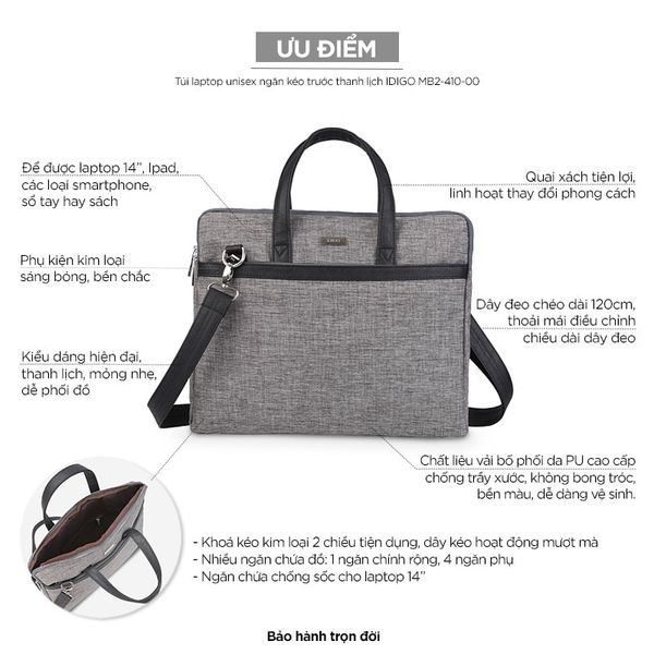 Túi laptop unisex ngăn kéo trước thanh lịch IDIGO MB2-410-00 Màu Xám Nhạt
