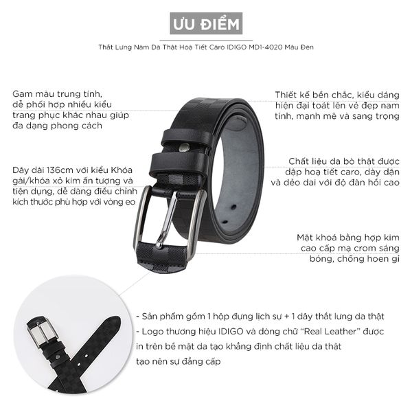 Thắt Lưng Nam Da Thật Hoạ Tiết Caro IDIGO MD1-4020 Màu Đen