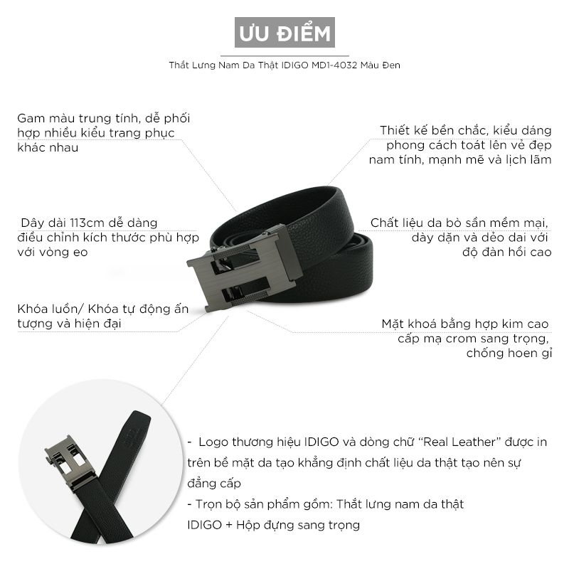 Thắt Lưng Nam Da Thật IDIGO MD1 - 4032 Màu Đen