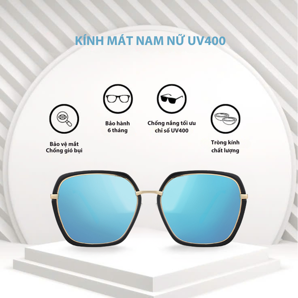  Kính râm nam phom đa giác tráng gương, kính mát nữ gọng kính kim loại kép UV400 Jaliver Young SM - 6080 