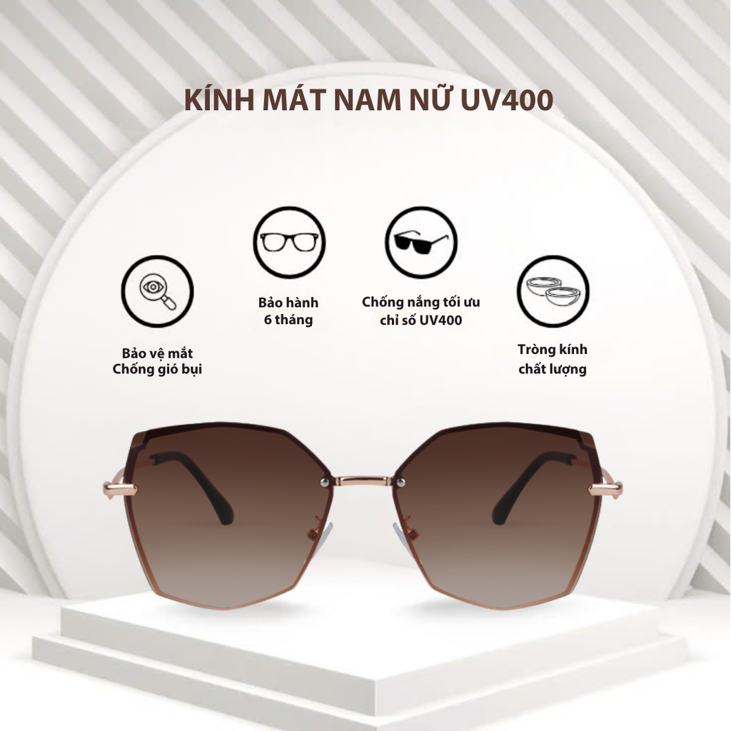 Kính râm nữ chống tia UV400 Jaliver Young SM - 6444, kính mát nam đa giác gọng kính kim loại không vành