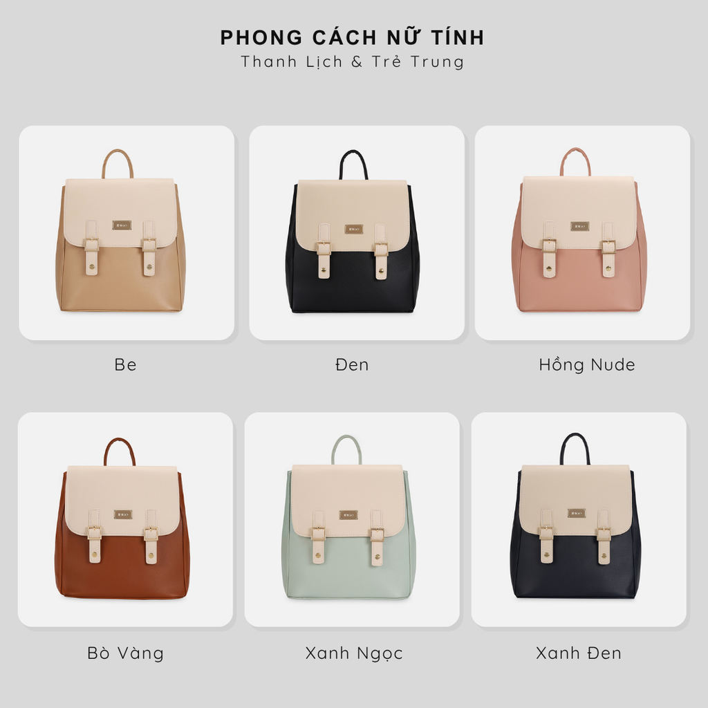 Balo nữ công sở nắp gập nhỏ gọn, balo da nữ thời trang phối màu thanh lịch FBP2 - 4327