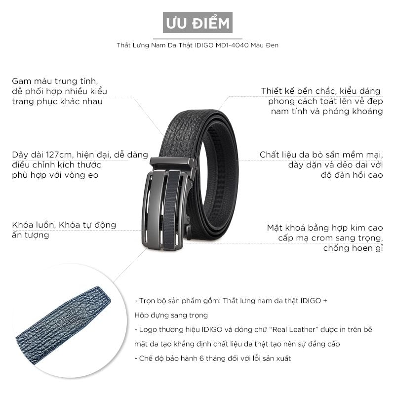 Thắt Lưng Nam Da Thật IDIGO MD1 - 4040 Màu Đen