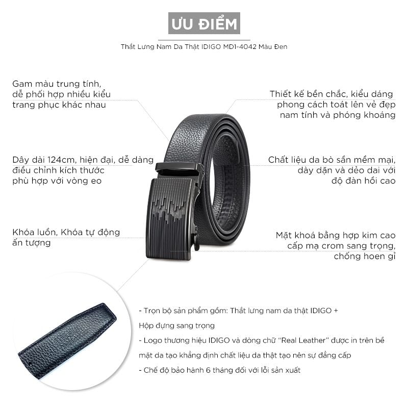 Thắt Lưng Nam Da Thật IDIGO MD1 - 4042 Màu Đen