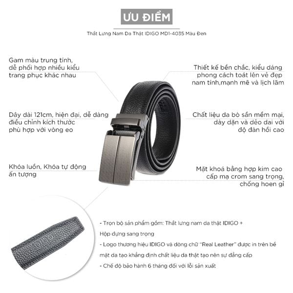  Thắt Lưng Nam Da Thật IDIGO MD1 - 4035 Màu Đen 