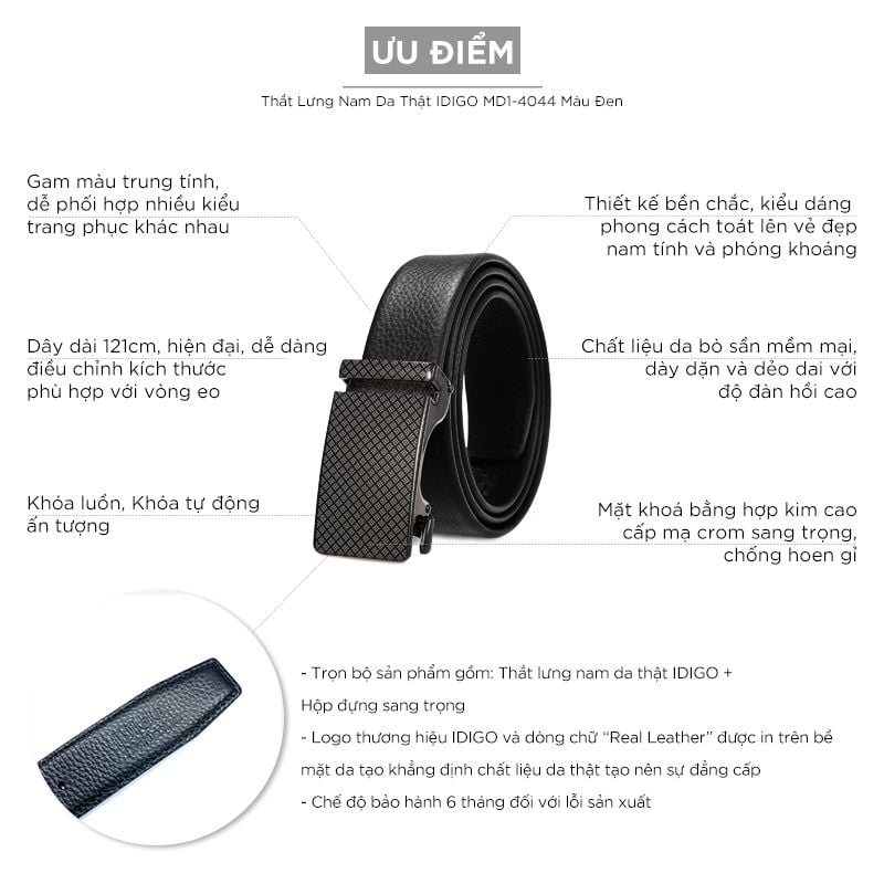 Thắt Lưng Nam Da Thật IDIGO MD1 - 4044 Màu Đen