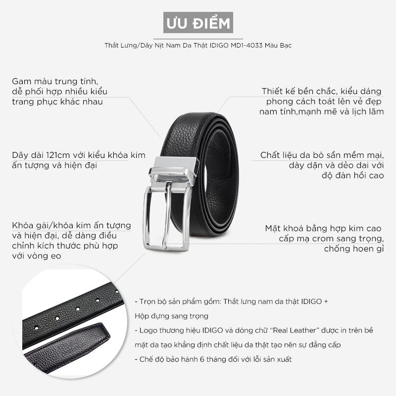 Thắt Lưng Nam Da Thật IDIGO MD1 - 4033 Màu Đen Mặt Bạc