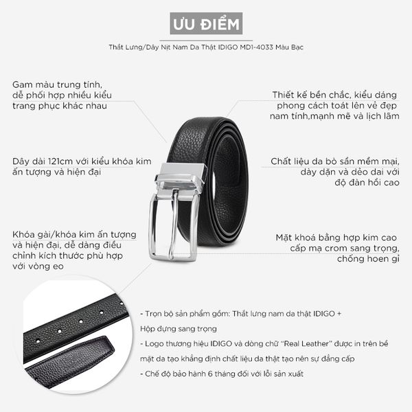  Thắt Lưng Nam Da Thật IDIGO MD1 - 4033 Màu Đen Mặt Bạc 