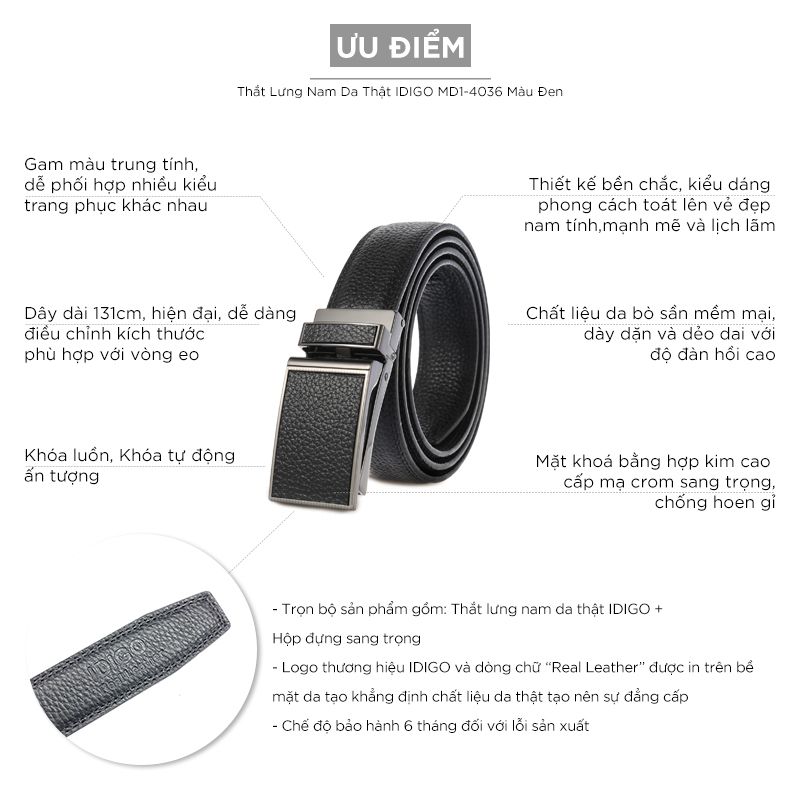 Thắt Lưng Nam Da Thật IDIGO MD1 - 4036 Màu Đen