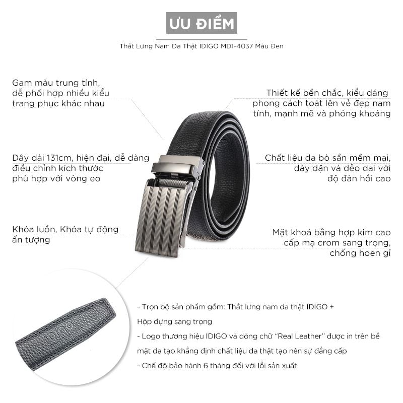 Thắt Lưng Nam Da Thật IDIGO MD1 - 4037 Màu Đen