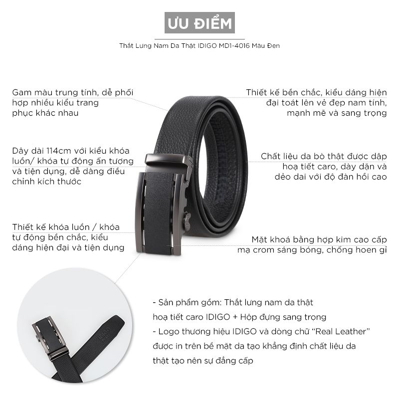 Thắt Lưng Nam Da Thật IDIGO MD1 - 4016 Màu Đen