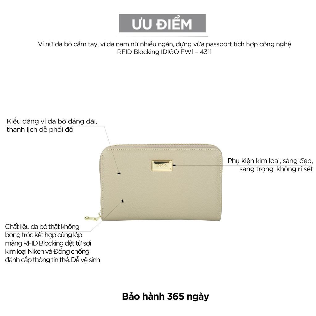 Ví nữ da bò cầm tay, ví da nam nữ nhiều ngăn, đựng vừa passport tích hợp công nghệ RFID Blocking IDIGO FW1 - 4311