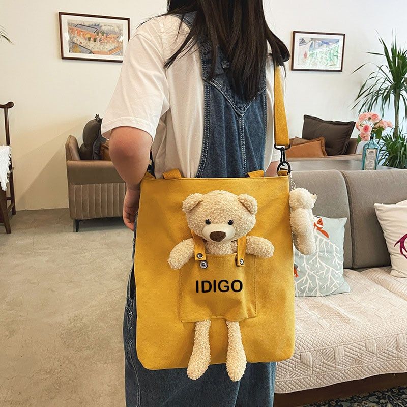  Túi đeo vai đi học canvas, túi đeo chéo công sở trang trí gấu bông IDIGO FF6 - 2014 