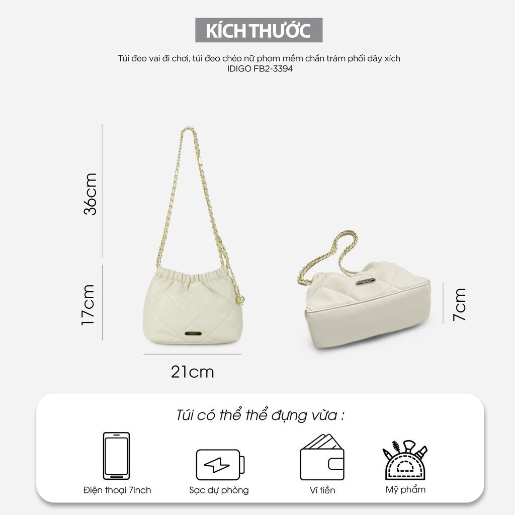 Túi đeo vai đi chơi nữ phom mềm chần trám phối dây xích IDIGO FB2 - 3394