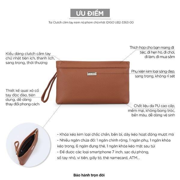 Túi Clutch cầm tay nam nữ phom chữ nhật IDIGO UB2-3363-00 hình usp