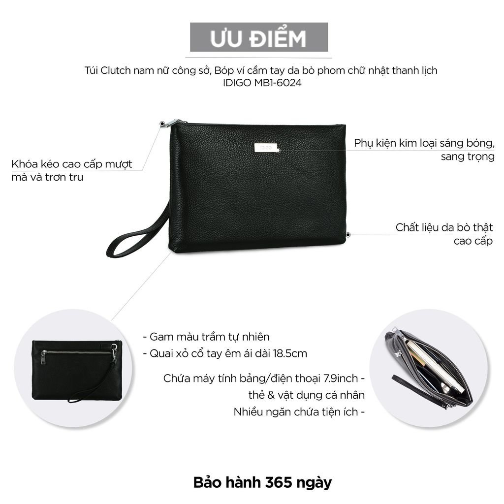 Túi Clutch nam nữ công sở, Bóp ví cầm tay da bò phom chữ nhật thanh lịch IDIGO MB1 - 6024