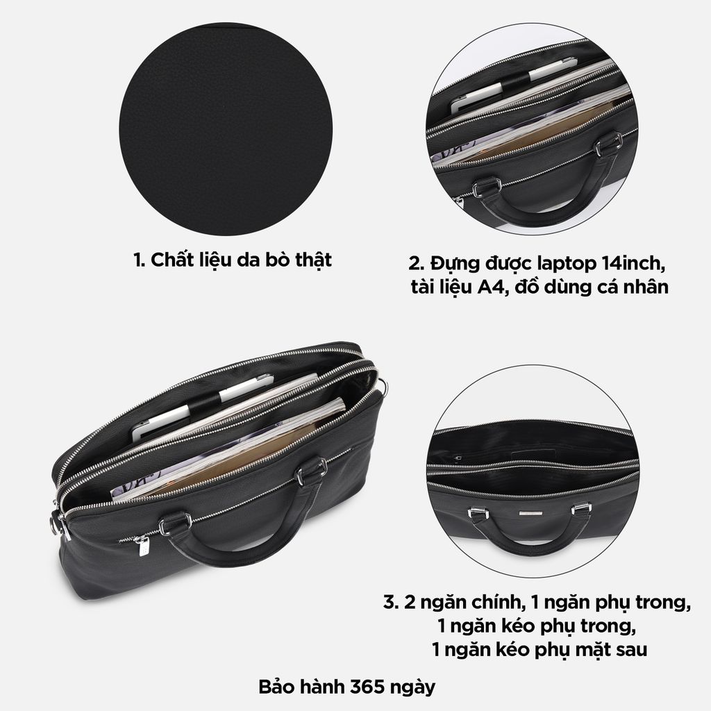 Túi xách da bò công sở đựng laptop 14inch, túi da đeo chéo nam nữ đựng tài liệu A4 IDIGO MB1 - 20000