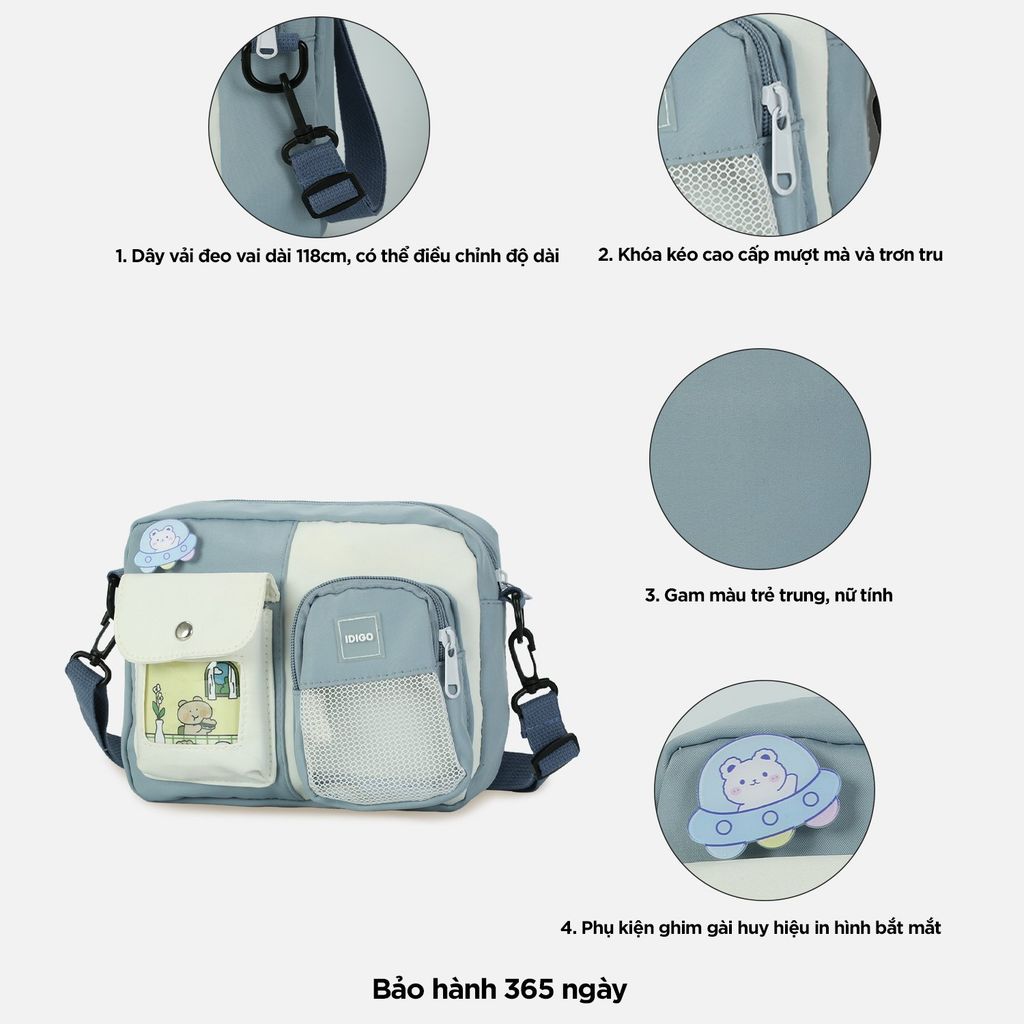 Túi đeo chéo nữ đi chơi, túi xách nữ đeo vai messenger kèm huy hiệu hoạt hình dễ thương IDIGO FF6 - 2017