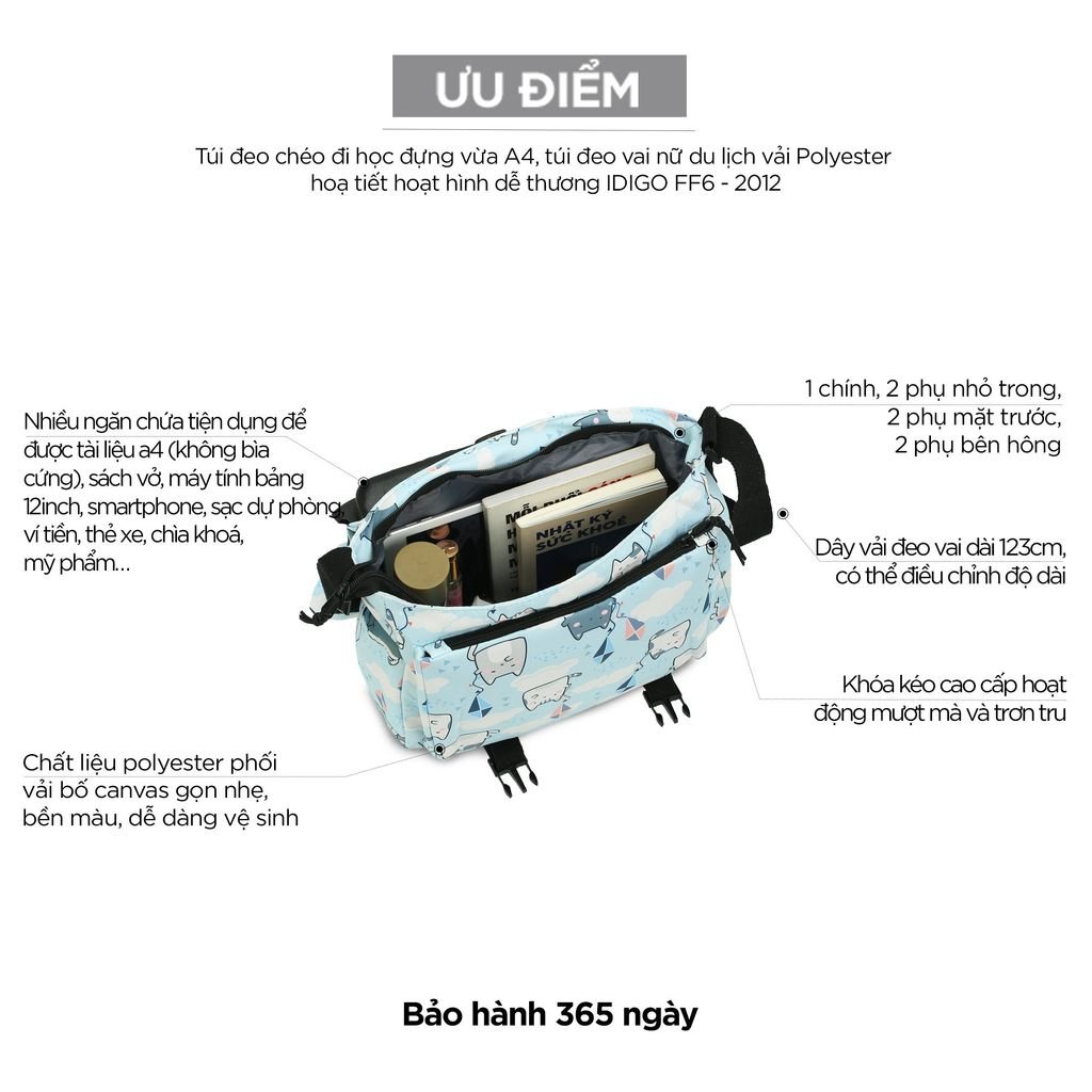 Túi đeo chéo đi học đựng vừa A4, túi đeo vai nữ du lịch vải Polyester hoạ tiết hoạt hình dễ thương IDIGO FF6 - 2012