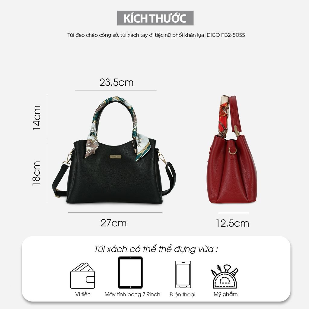 Túi Xách Nữ Công Sở Sang Chảnh IDIGO FB2 - 5055, Túi Đeo Chéo Thời Trang Phối Khăn Lụa Đi Tiệc Cao Cấp