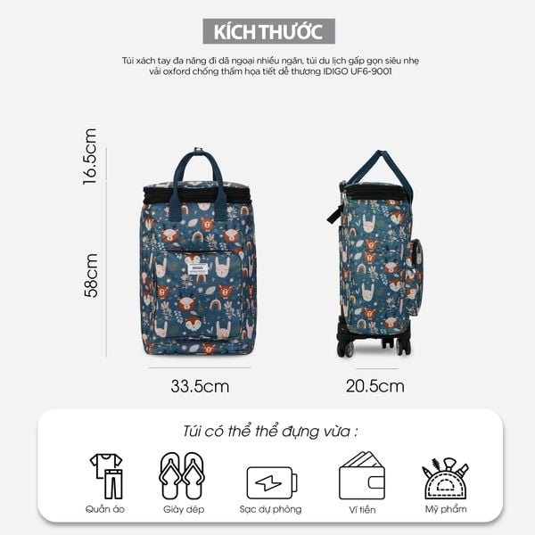 Túi xách tay đa năng đi dã ngoại nhiều ngăn, túi du lịch gấp gọn siêu nhẹ vải oxford chống thấm họa tiết dễ thương IDIGO UF6 - 9001