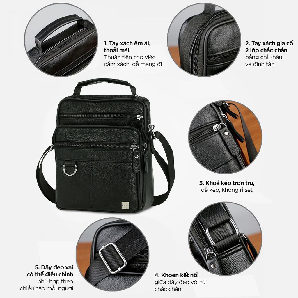 Túi xách công sở nam da thật cao cấp, túi đeo chéo nam đựng IPAD 7.9 inch phối khoen thanh lịch IDIGO MB1 - 6017