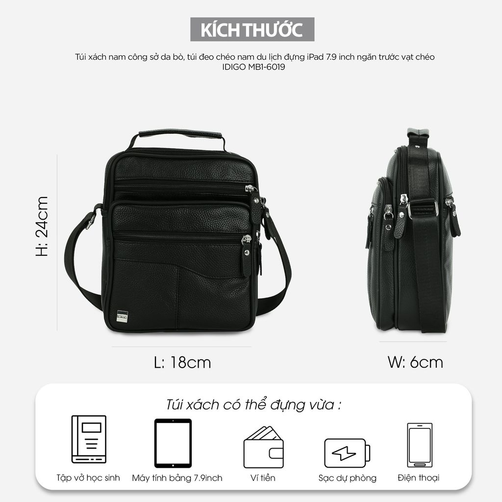 Túi xách nam công sở da bò, túi đeo chéo nam du lịch đựng iPad 7.9 inch ngăn trước vạt chéo IDIGO MB1 - 6019