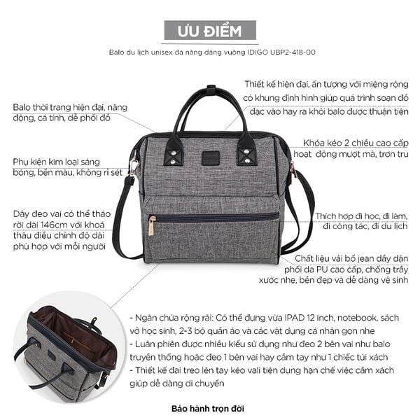 Balo du lịch unisex đa năng dáng chữ nhật IDIGO UBP2-418-00 màu xám nhạt