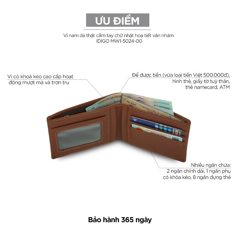 Ví nam da thật cầm tay chữ nhật hoạ tiết vân nhám IDIGO MW1 - 5024