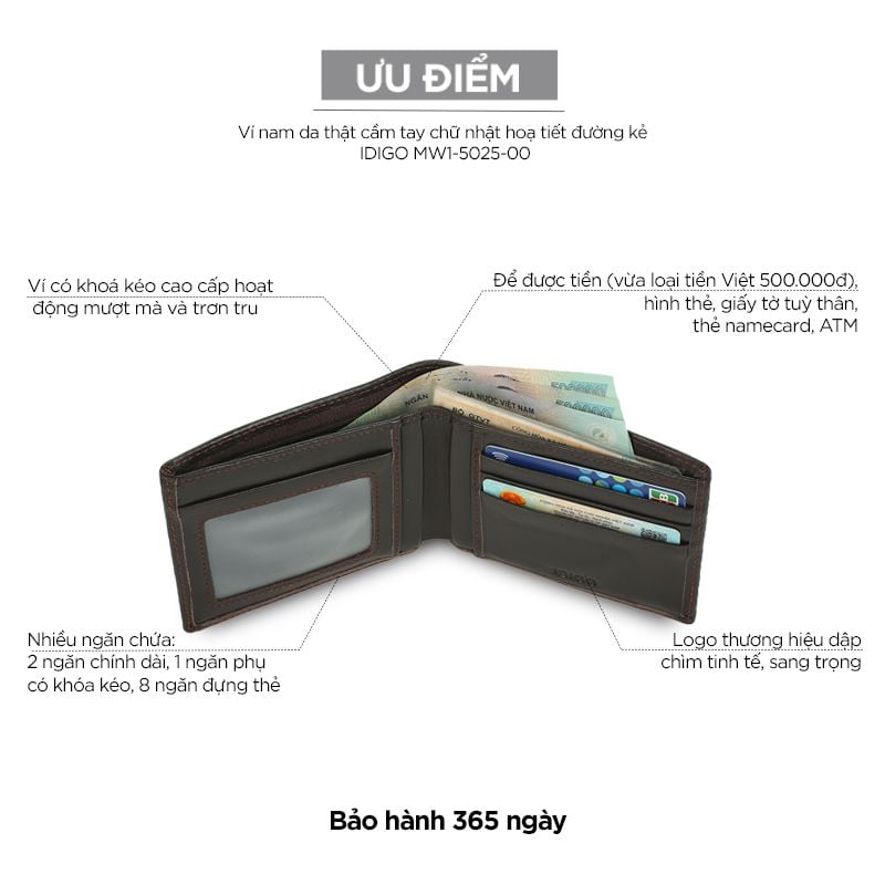 Ví nam da thật cầm tay chữ nhật hoạ tiết đường kẻ IDIGO MW1 - 5025