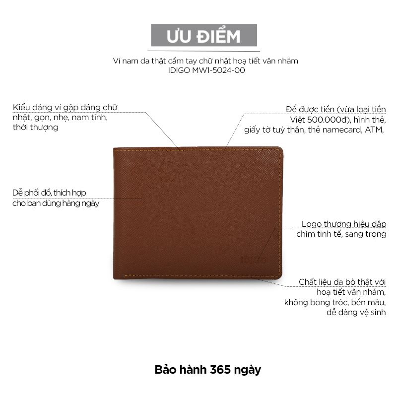 Ví nam da thật cầm tay chữ nhật hoạ tiết vân nhám IDIGO MW1 - 5024