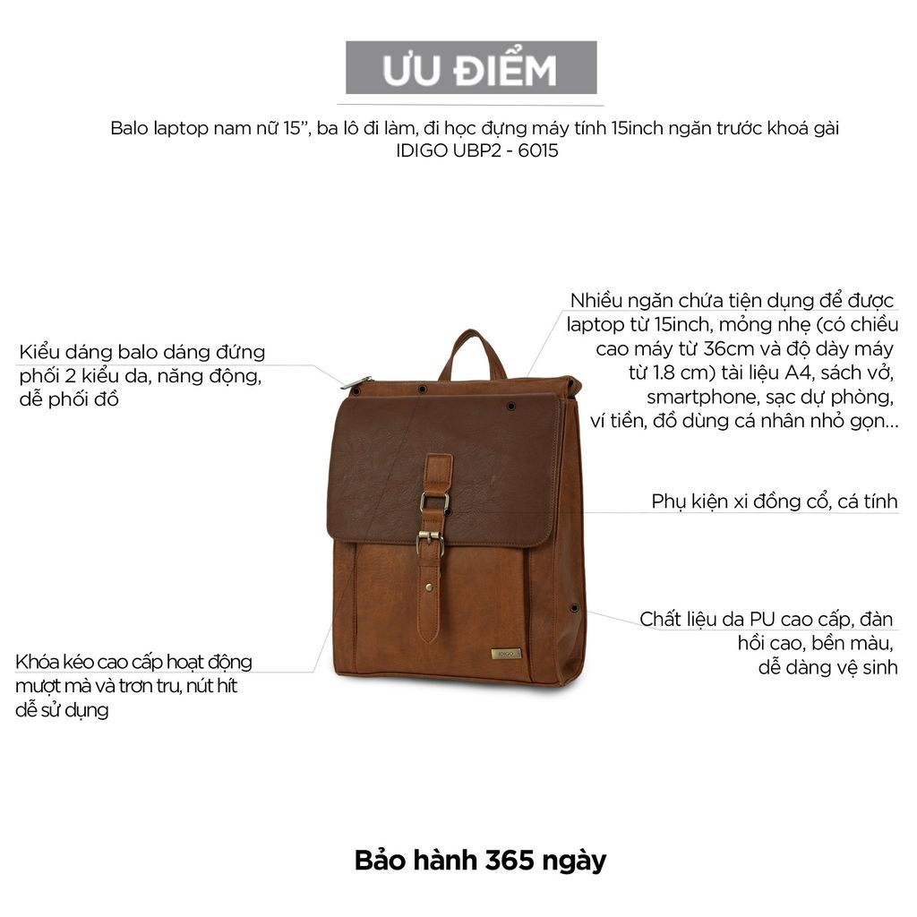 Balo laptop nam nữ 15 inch, ba lô đựng máy tính đi làm 15 inch IDIGO UBP2 - 6015
