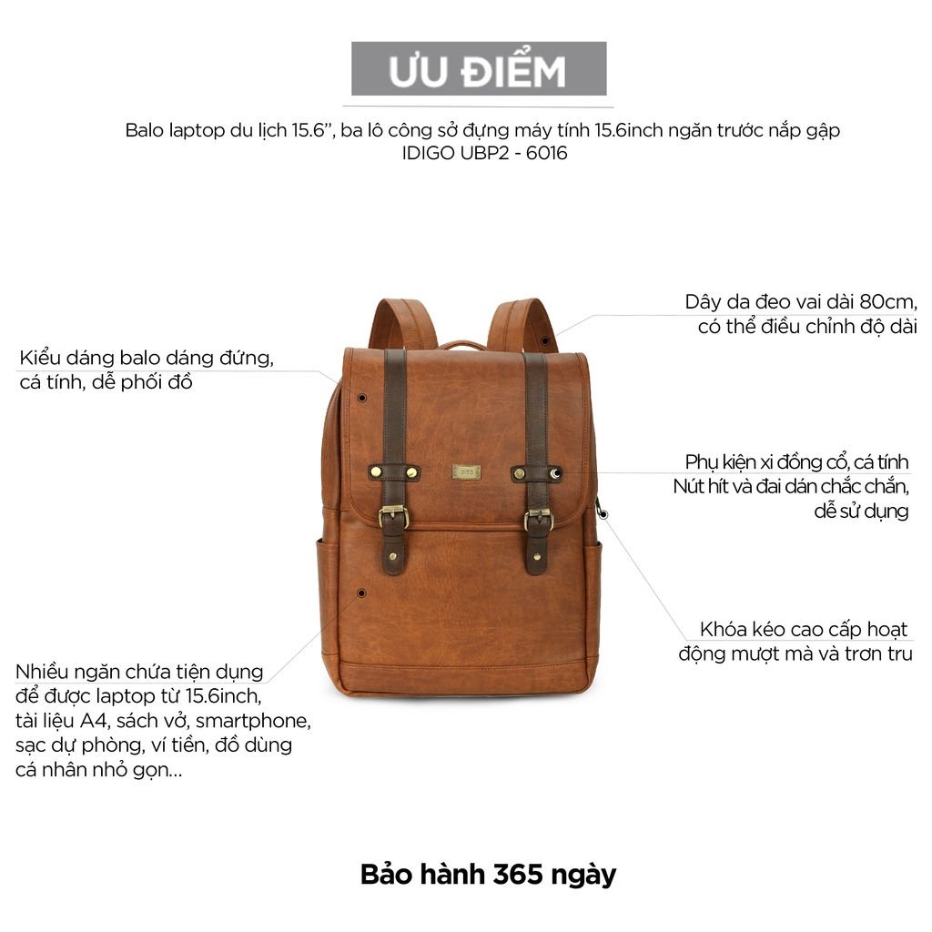 Balo laptop 15.6 inch, ba lô công sở đựng máy tính 15.6 inch nắp gập IDIGO UBP2 - 6016