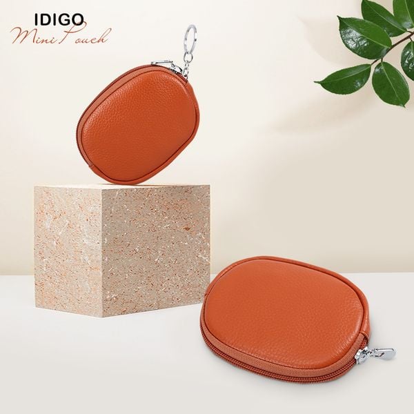 Ví móc khoá da bò oval IDIGO FW1-1003-00 hình ghép màu bò vàng