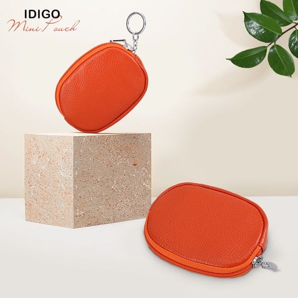 Ví móc khoá da bò oval IDIGO FW1-1003-00 hình ghép màu cam