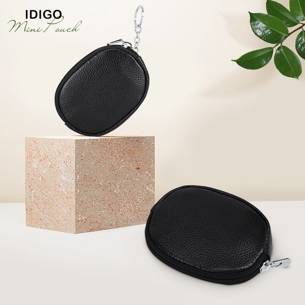 Ví móc khoá da bò oval IDIGO FW1-1003-00 hình ghép màu đen